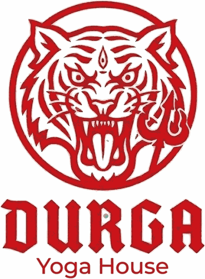 Durga Yoga House logo — a roaring tiger emblem holding a trident, above the Durga Yoga House wordmark